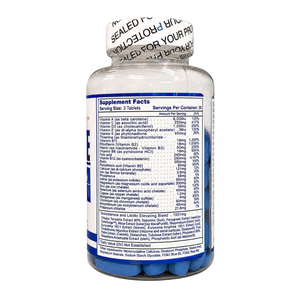 Side view of a white bottle of TestoVite multi-vitamin supplement, showing the detailed supplement facts label and a white seal band around the neck.