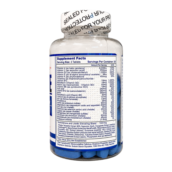 Side view of a white bottle of TestoVite multi-vitamin supplement, showing the detailed supplement facts label and a white seal band around the neck.