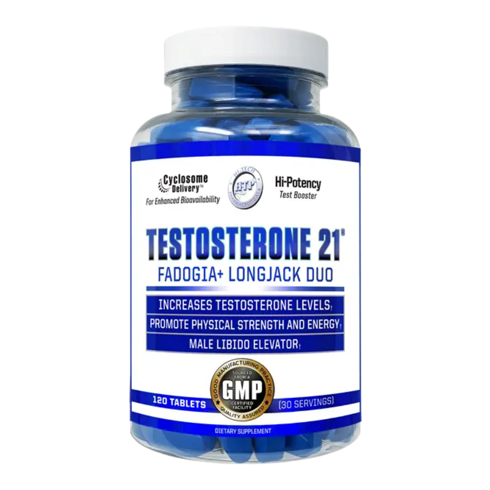 A bottle of Hi-Tech Testosterone 21+ Fadogia+ Longjack Duo dietary supplement, containing 120 blue tablets, on a white background.