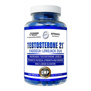 A bottle of Hi-Tech Testosterone 21+ Fadogia+ Longjack Duo dietary supplement, containing 120 blue tablets, on a white background.