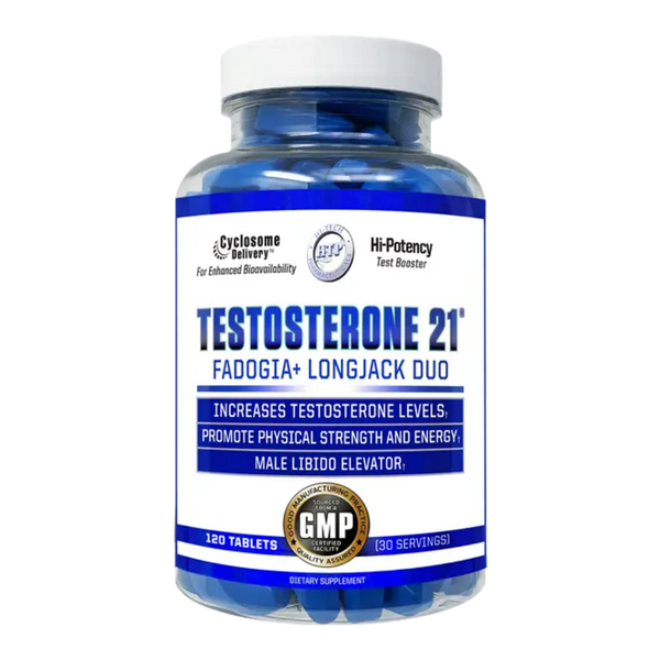 A bottle of Hi-Tech Testosterone 21+ Fadogia+ Longjack Duo dietary supplement, containing 120 blue tablets, on a white background.