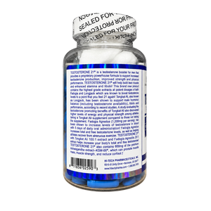 A bottle of Testosterone 21st dietary supplement with a white screw cap and a blue label, shown on a plain white background.