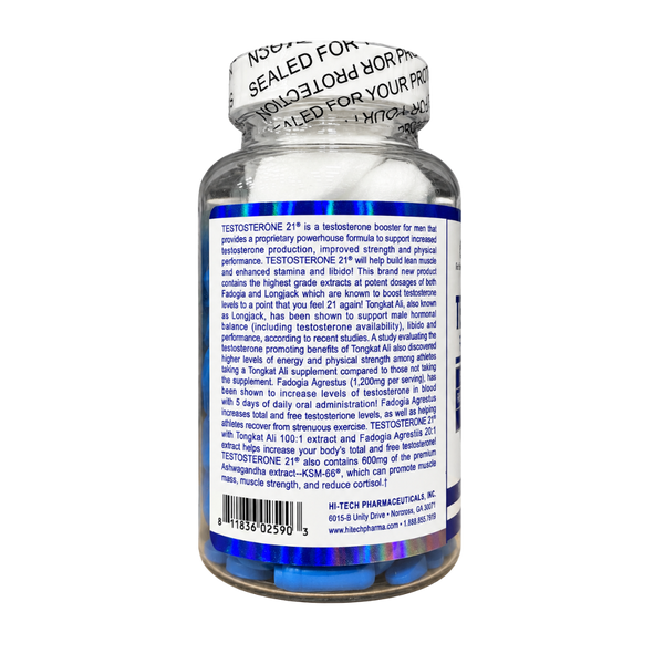 A bottle of Testosterone 21st dietary supplement with a white screw cap and a blue label, shown on a plain white background.