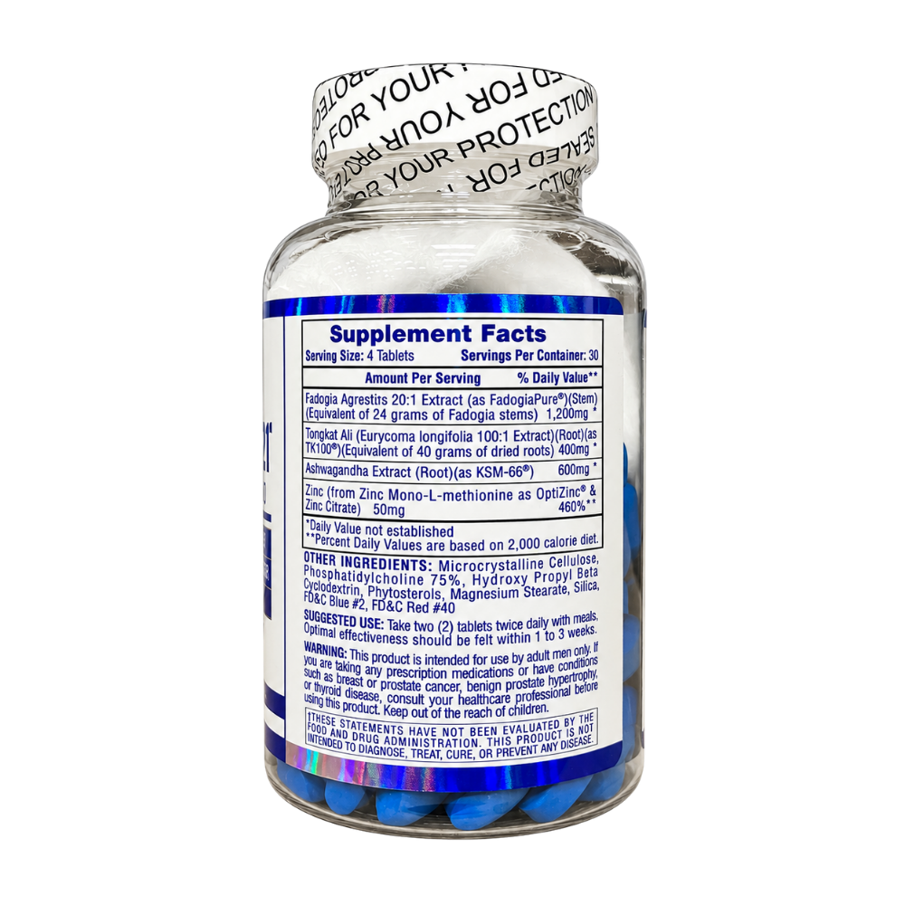 A bottle of Hi-Tech Testosterone 21+ Fadogia+ Longjack Duo dietary supplement, containing 120 blue tablets, on a white background.