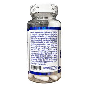 A bottle of H-Tech Tudca dietary supplement capsules shown from the back, featuring a white cap, clear plastic bottle, and a blue label with white text.