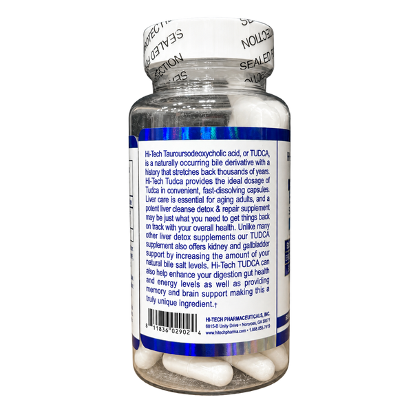 A bottle of H-Tech Tudca dietary supplement capsules shown from the back, featuring a white cap, clear plastic bottle, and a blue label with white text.