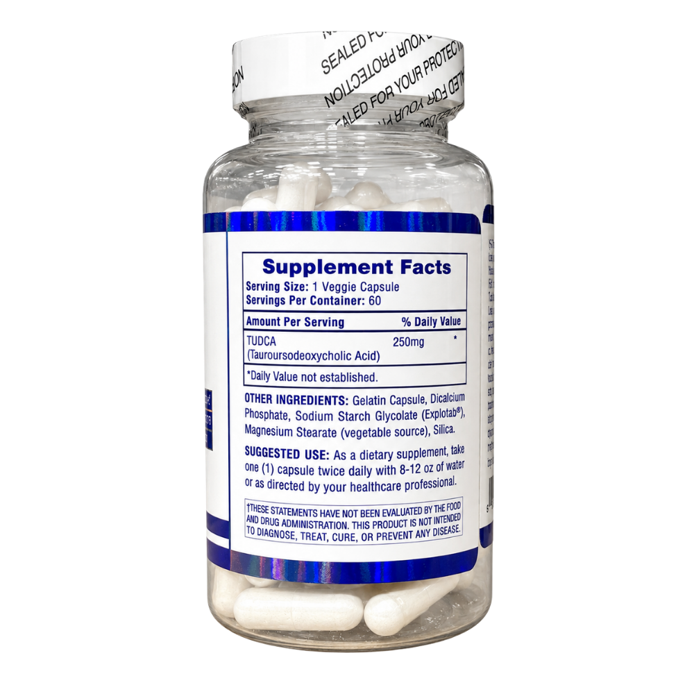 A bottle of Hi-Tech Pharmaceuticals Tudca on a white background.