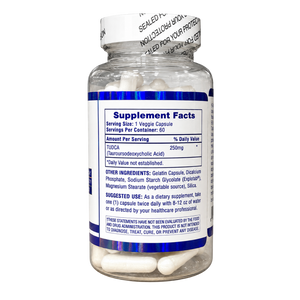 A clear plastic bottle of dietary supplements with a white cap and a white label featuring blue text and borders. The label shows the Supplement Facts panel with TUDCA listed as 200mg.