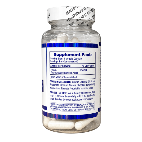 A clear plastic bottle of dietary supplements with a white cap and a white label featuring blue text and borders. The label shows the Supplement Facts panel with TUDCA listed as 200mg.
