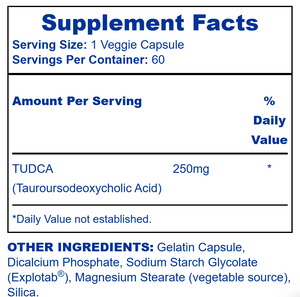 Hi-Tech Pharmaceuticals Tudca supplement facts label on a white background