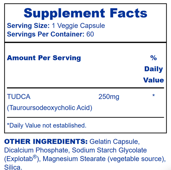 Hi-Tech Pharmaceuticals Tudca supplement facts label on a white background