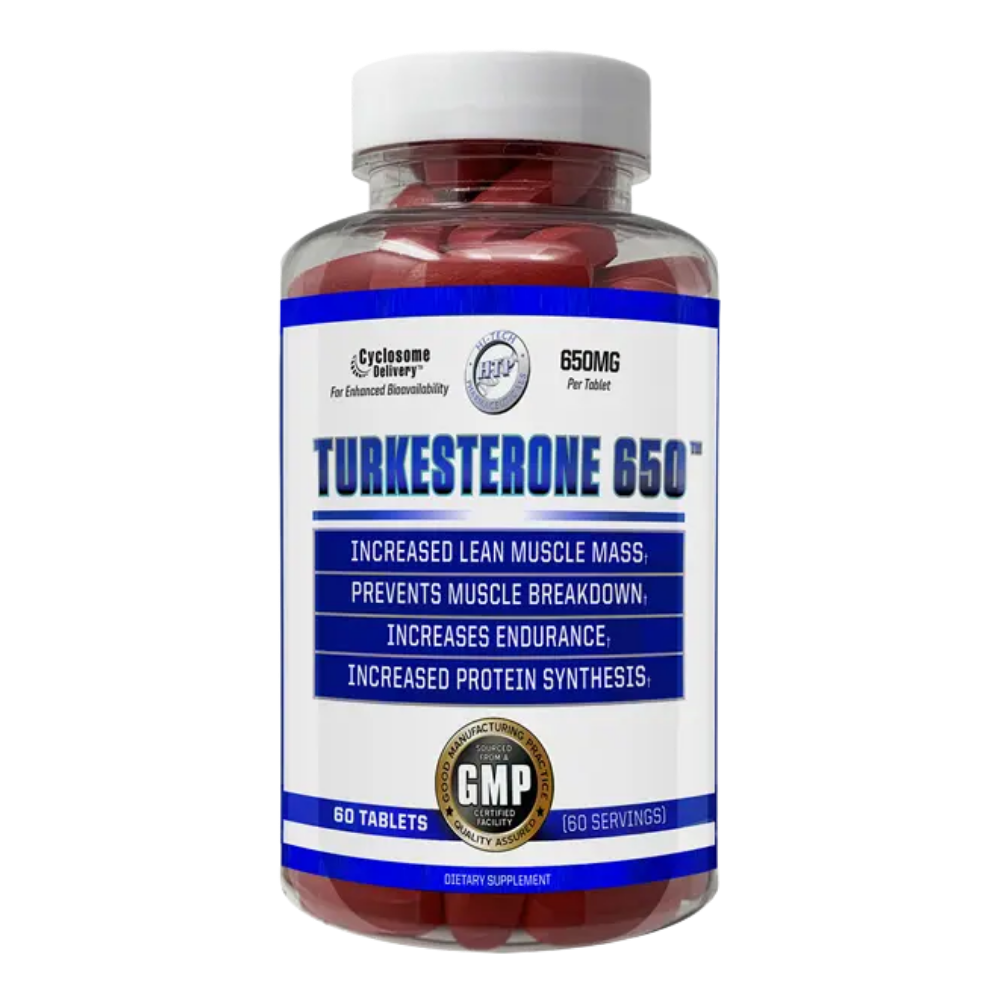 A bottle of Hi-Tech Pharmaceuticals Turkesterone 650 dietary supplement, containing 60 red tablets, on a plain white background.