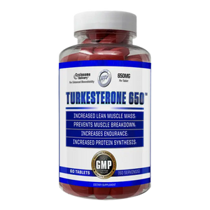 A bottle of Hi-Tech Pharmaceuticals Turkesterone 650 dietary supplement, containing 60 red tablets, on a plain white background.