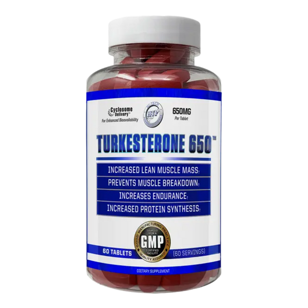 A bottle of Hi-Tech Pharmaceuticals Turkesterone 650 dietary supplement, containing 60 red tablets, on a plain white background.