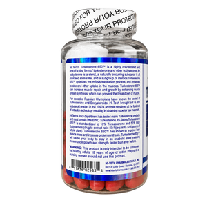 A clear plastic bottle of H-Tech Turkesterone 650 dietary supplement with a white cap and a blue label, showing the back text on a white background.