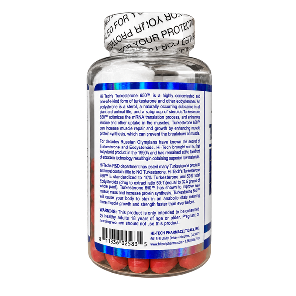 A clear plastic bottle of H-Tech Turkesterone 650 dietary supplement with a white cap and a blue label, showing the back text on a white background.