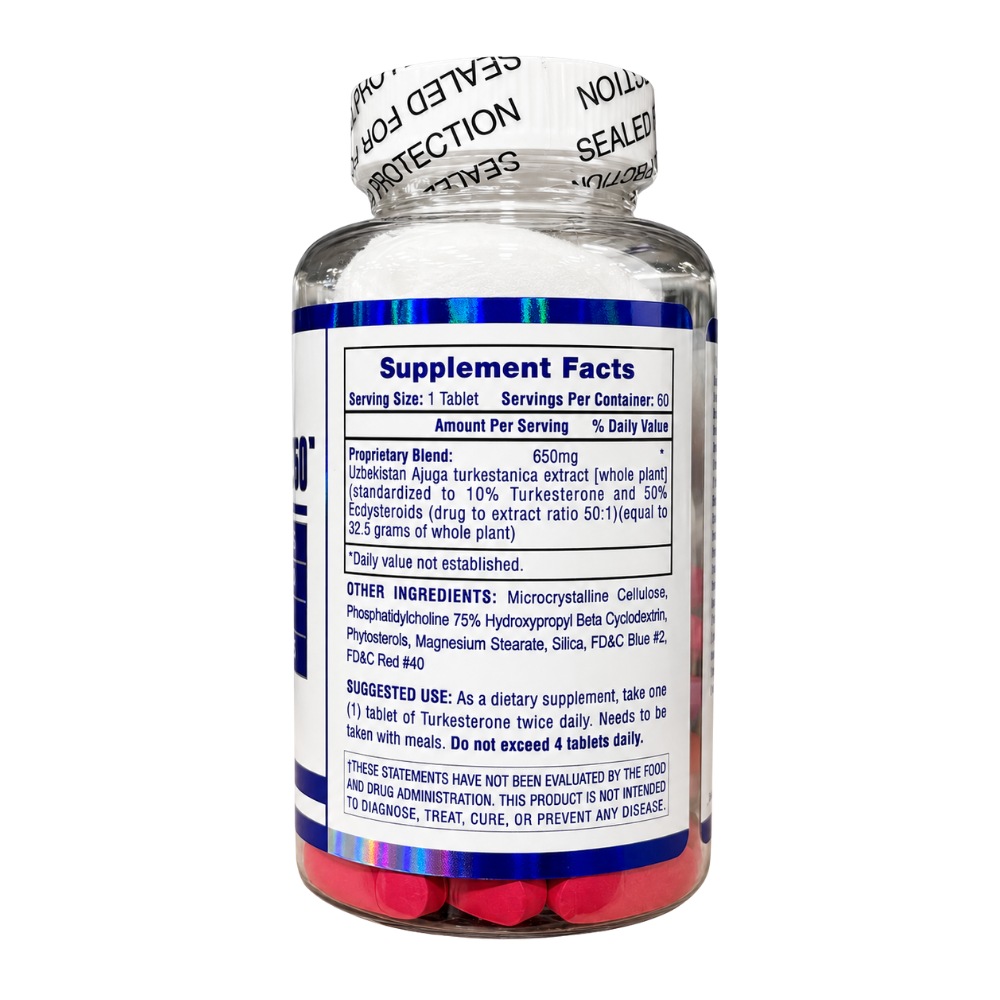 A bottle of Hi-Tech Pharmaceuticals Turkesterone 650 dietary supplement, containing 60 red tablets, on a plain white background.