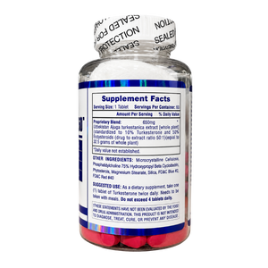 A clear plastic supplement bottle with a white and blue label showing Supplement Facts, sealed with a white protective tape that reads 'SEAL FOR PROTECTION' against a white background.