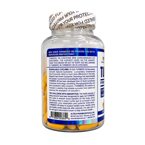 A bottle of Turmeric 95 dietary supplement with a white cap and a detailed blue and white back label, photographed against a solid white background.