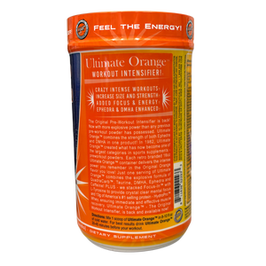 A bottle of Ultimate Orange Workout Intensifier dietary supplement shown from the back, featuring a bright orange label with white text and a dark navy band near the top.