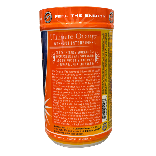 A bottle of Ultimate Orange Workout Intensifier dietary supplement shown from the back, featuring a bright orange label with white text and a dark navy band near the top.