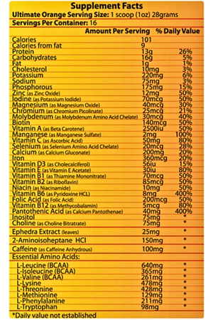 A close-up of a supplement facts label showing orange and yellow text on a white background, detailing calories, nutrients, and essential amino acids.
