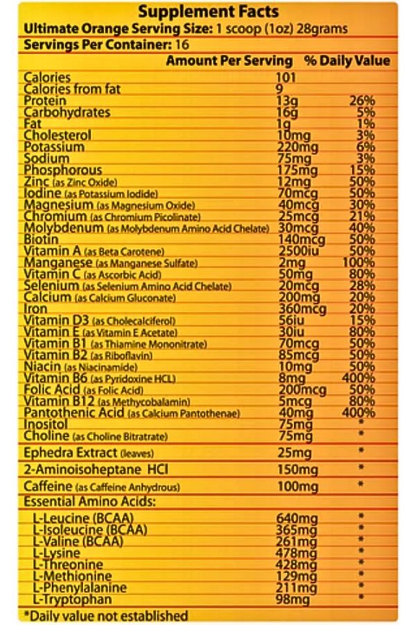 A close-up of a supplement facts label showing orange and yellow text on a white background, detailing calories, nutrients, and essential amino acids.