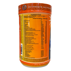 An orange cylindrical supplement container showing the back label with Supplement Facts, branded HI-TECH'S ULTIMATE ORANGE.