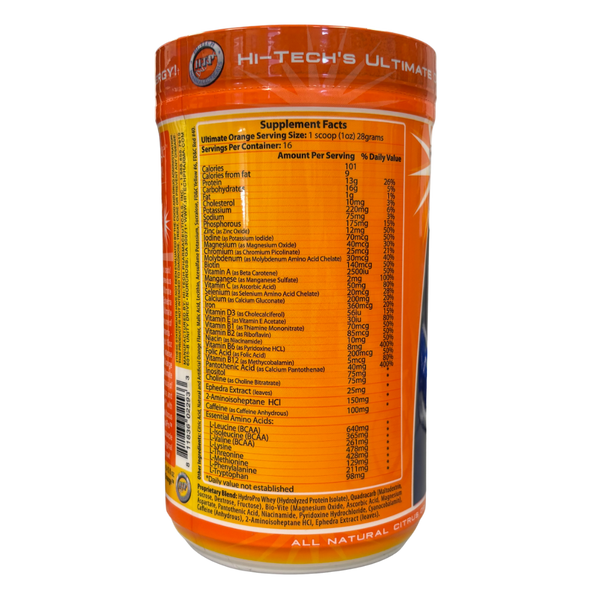 An orange cylindrical supplement container showing the back label with Supplement Facts, branded HI-TECH'S ULTIMATE ORANGE.