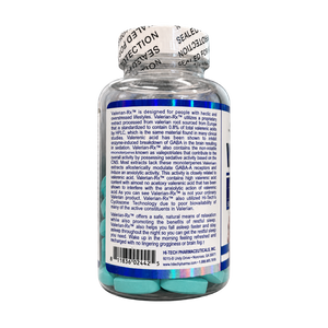 A bottle of Valerian-Rx dietary supplement with a blue cap and a white label showing detailed product information and directions, photographed against a solid white background.