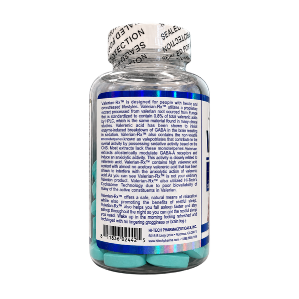 A bottle of Valerian-Rx dietary supplement with a blue cap and a white label showing detailed product information and directions, photographed against a solid white background.
