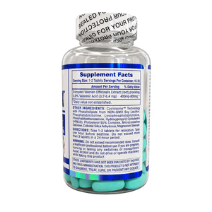 A clear plastic bottle of dietary supplements with a white and blue label showing the Supplement Facts panel, sealed with a protective silver foil cap.