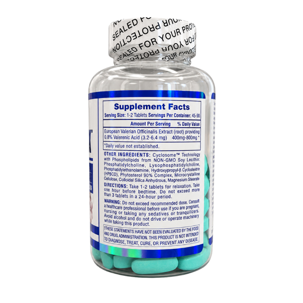 A clear plastic bottle of dietary supplements with a white and blue label showing the Supplement Facts panel, sealed with a protective silver foil cap.
