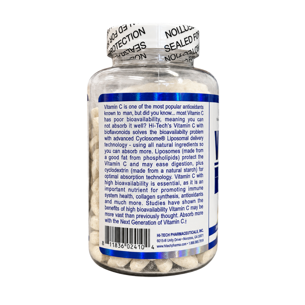  Hi-Tech Pharmaceuticals Vitamin C 1000mg 200 Tablets product information listed on back of bottle on a white background.