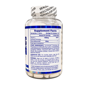 A clear plastic bottle of dietary supplements with a white and blue label showing the Supplement Facts panel. The bottle is sealed with a white paper band featuring black text and is photographed on a clean white background.