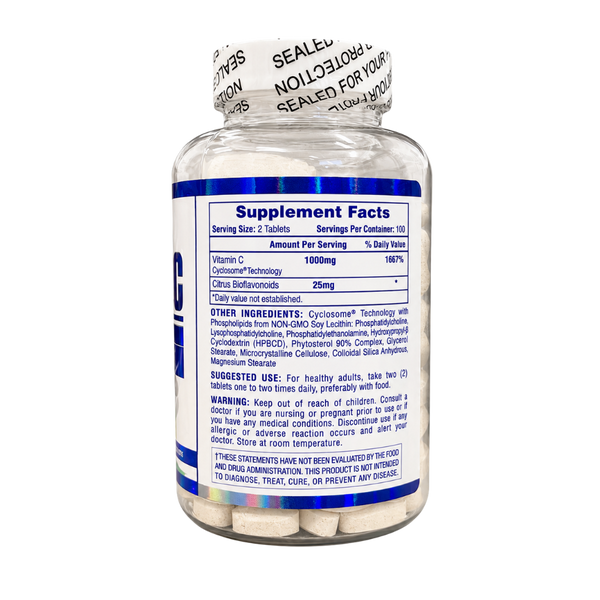 A clear plastic bottle of dietary supplements with a white and blue label showing the Supplement Facts panel. The bottle is sealed with a white paper band featuring black text and is photographed on a clean white background.