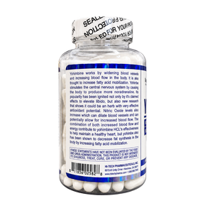 A clear plastic supplement bottle with a white and blue label, sealed with a white tamper-evident cap. The label features a blue band at the bottom with white text and a white background with black text detailing product claims and manufacturer information.