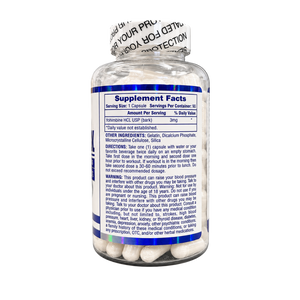 A clear plastic supplement bottle with a white cap, showing the back label with Supplement Facts text for a dark brown herbal supplement.