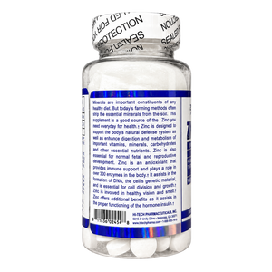 A clear plastic bottle of H-Tech Pharmaceuticals Zinc supplement with a white seal cap and a blue and white label, shown on a white background.