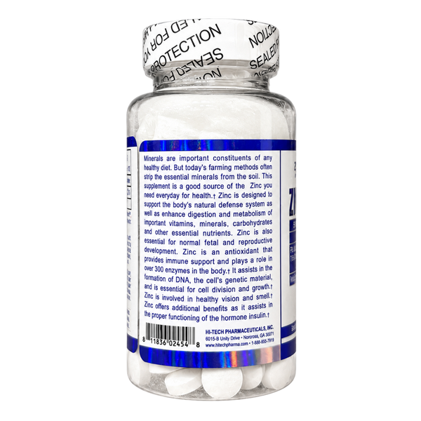 A clear plastic bottle of H-Tech Pharmaceuticals Zinc supplement with a white seal cap and a blue and white label, shown on a white background.