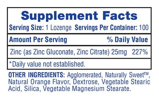 A close-up of a supplement facts label showing zinc content and other ingredients for a lozenge.