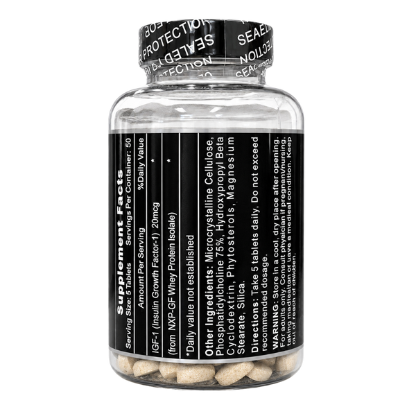 Hi-Tech Pro IGF-1 Supplement bottle with black label and white pills on a white background