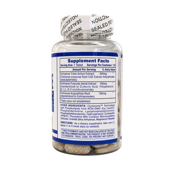  Hi-Tech Pharmaceuticals Echinacea 120 Tablets Supplement Facts listed on bottle along with other ingredients and directions.