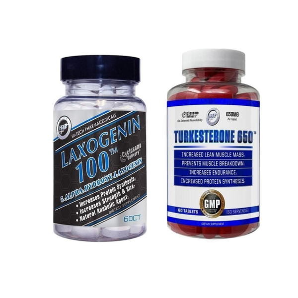 Two supplement bottles labeled 'Laxogenin 100' and 'Turkesterone G6' on a white background.