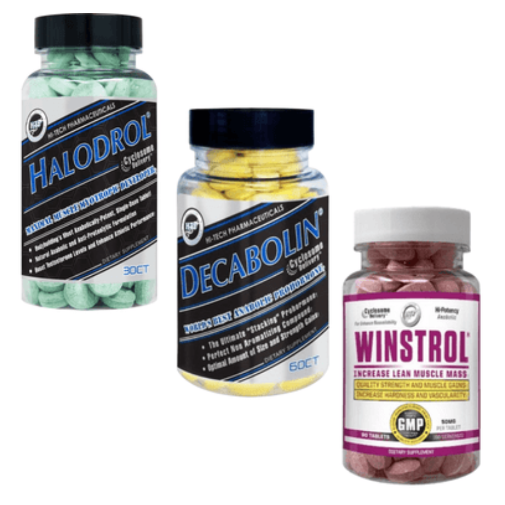 Three bottles of supplements labeled Halodrol, Decabolin, and Winstrol on a white background.