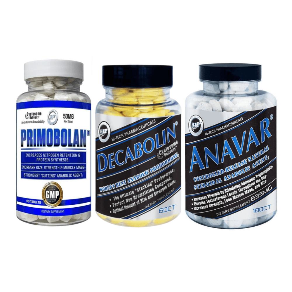Three supplement bottles labeled 'Primobolan', 'Decabolin', and 'Anavar' on a white background.