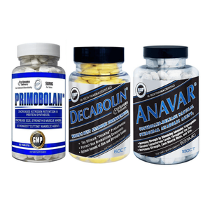 Three supplement bottles labeled 'Primobolan', 'Decabolin', and 'Anavar' on a white background.