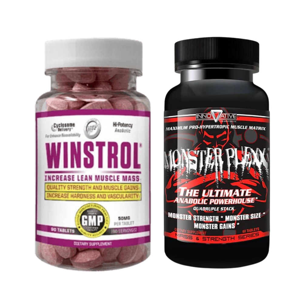 Two supplement bottles labeled 'Winstrol' and 'Monster Plexx' on a white background