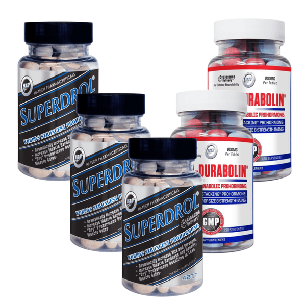 three bottles of Superdrol and two bottles of Deca-Durabolin on a white background