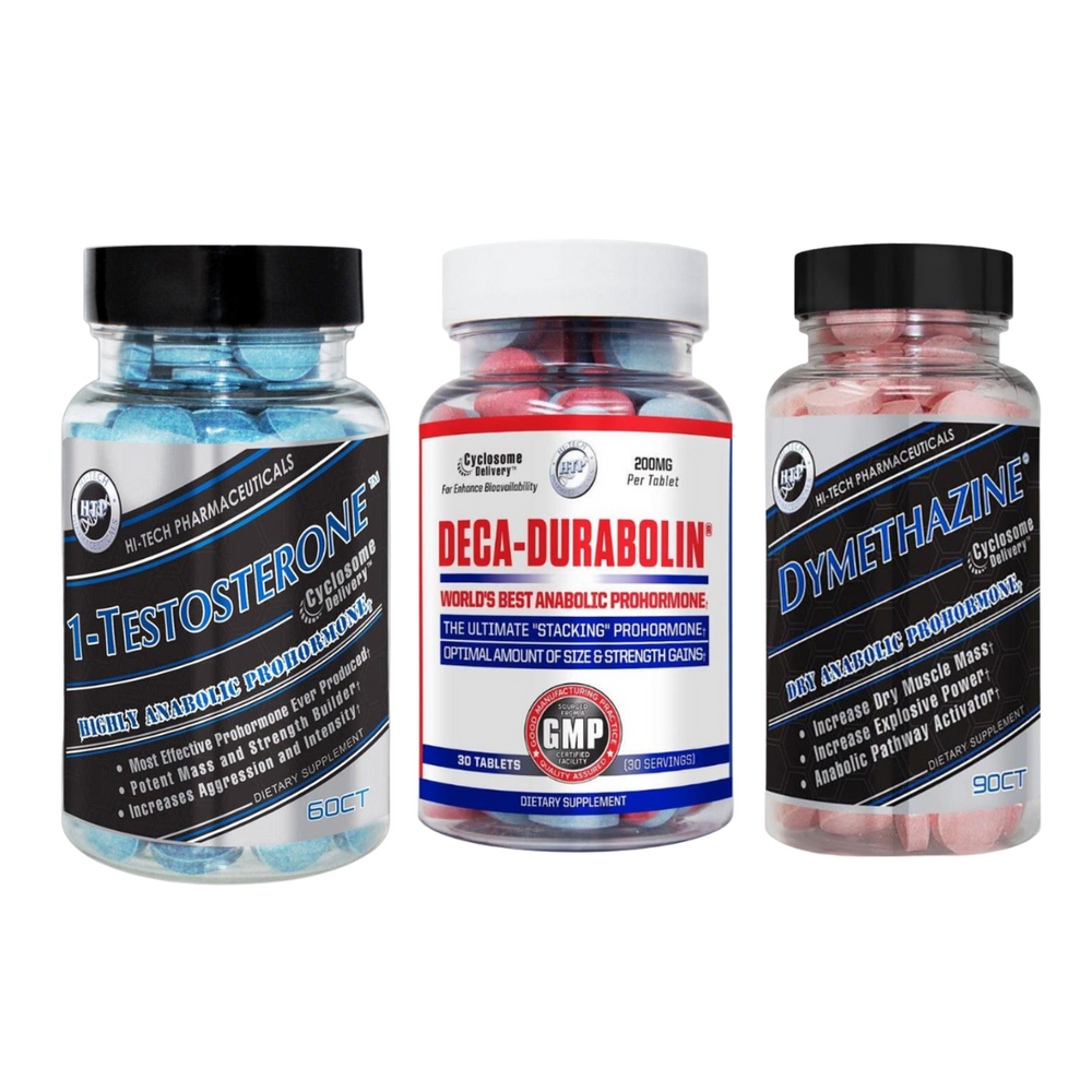 Three supplement bottles labeled '1-Testosterone', 'Deca-Durabolin', and 'Dymethazine' on a white background.
